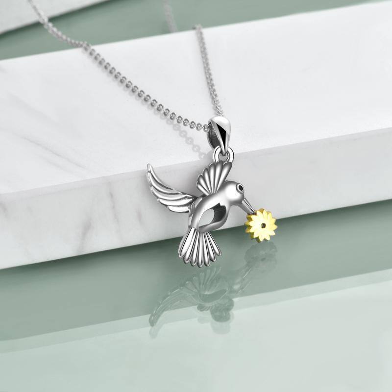 Sterling Silver Two-tone Cubic Zirconia Hummingbird & Sunflower Pendant Necklace-3