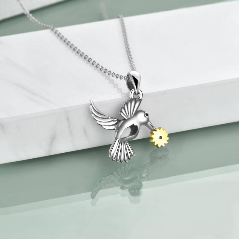 Collana in argento sterling con ciondolo a forma di colibrì e girasole con zirconia cubica bicolore-3
