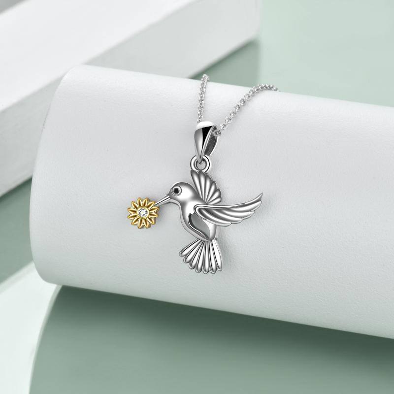 Sterling Silver Two-tone Cubic Zirconia Hummingbird & Sunflower Pendant Necklace-4