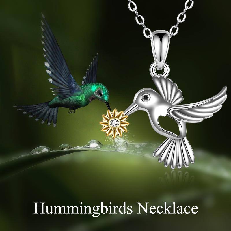 Collier avec pendentif en argent sterling et oxyde de zirconium bicolore, colibri et tournesol-6