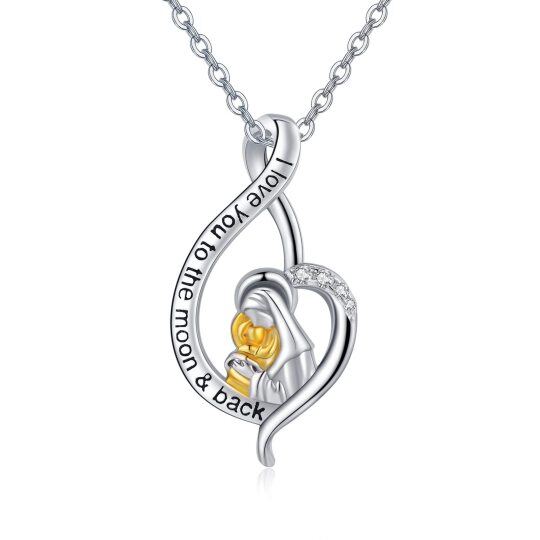 Sterling Silver Two-tone Infinity Symbol & Virgin Mary Pendant Necklace with Engraved Word