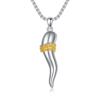 Sterling Silver Two-tone Italian Horn Lucky Pendant Necklace-2