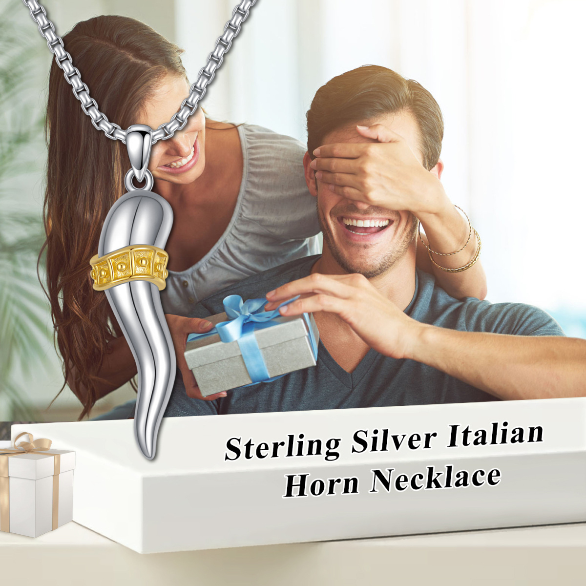 Sterling Silber zweifarbige italienische Horn Lucky Anhänger Halskette-5