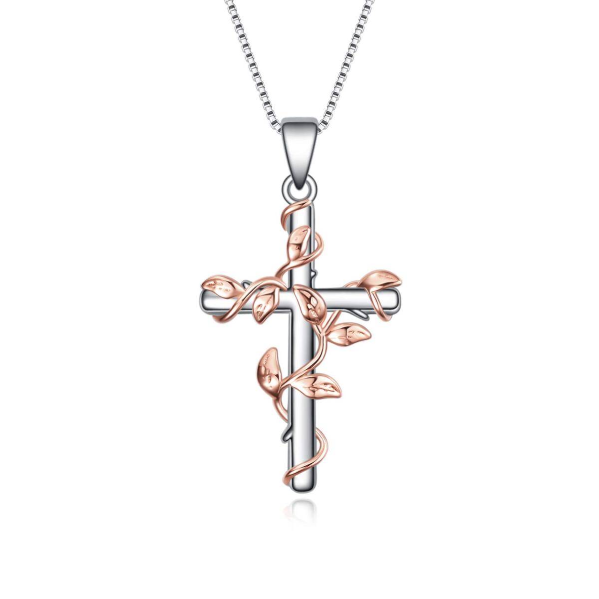 Collier en argent sterling avec pendentif lierre et croix bicolore-1