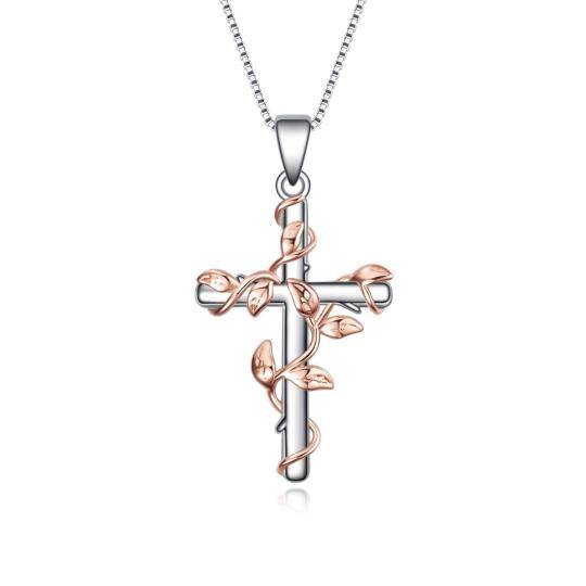 Sterling Silver Two-tone Ivy & Cross Pendant Necklace