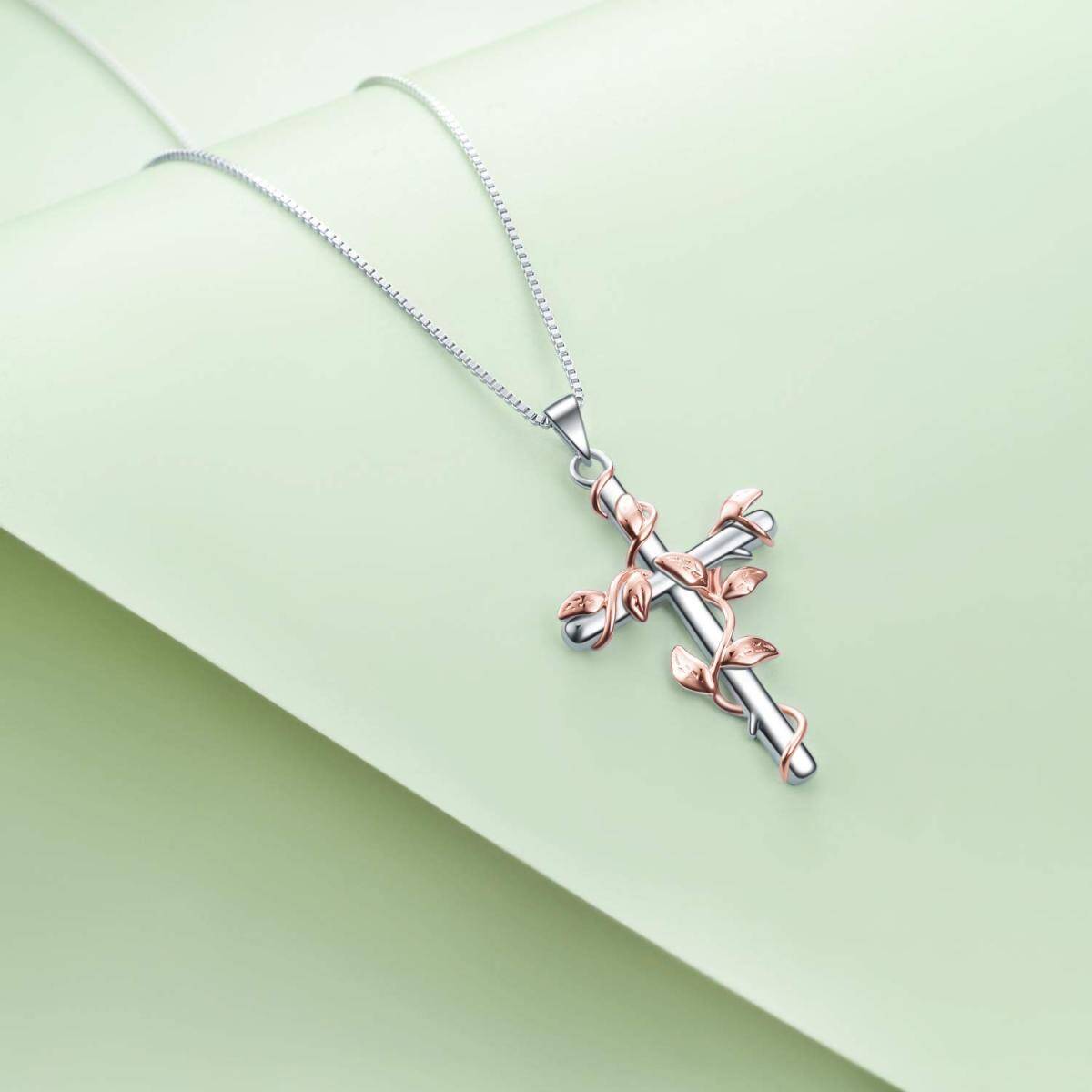 Sterling Silver Two-tone Ivy & Cross Pendant Necklace-3