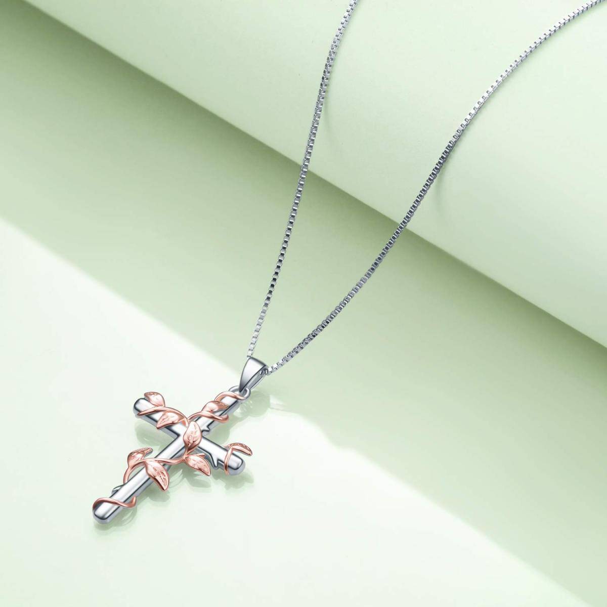 Sterling Silver Two-tone Ivy & Cross Pendant Necklace-4