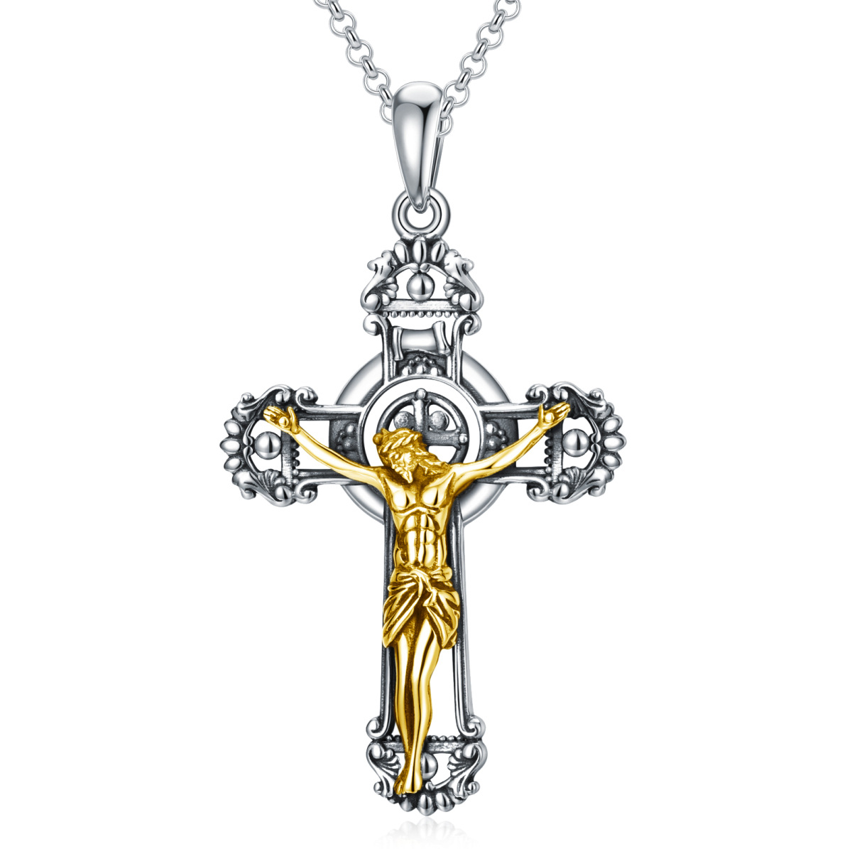 Collar de plata de ley con colgante de cruz de Jesús en dos tonos-1