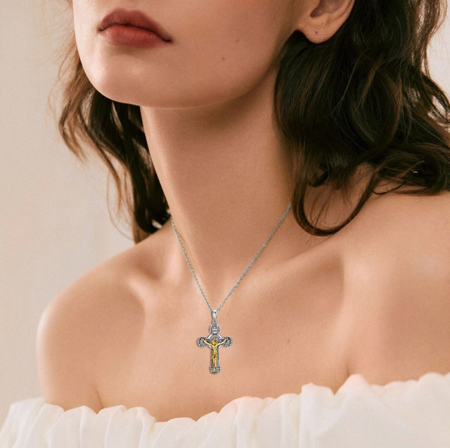 Collier en argent sterling avec pendentif croix de Jésus bicolore-2