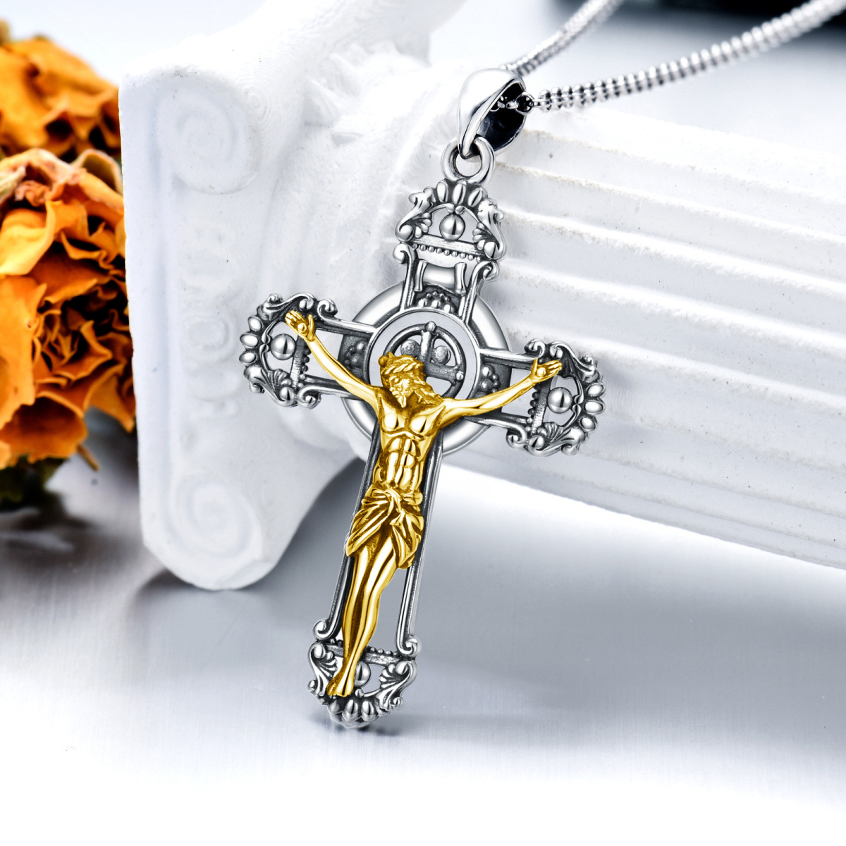 Sterling Silver Two-tone Jesus Cross Pendant Necklace-3