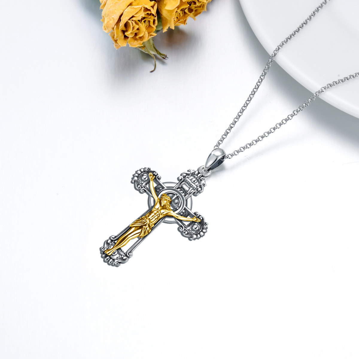 Collier en argent sterling avec pendentif croix de Jésus bicolore-4