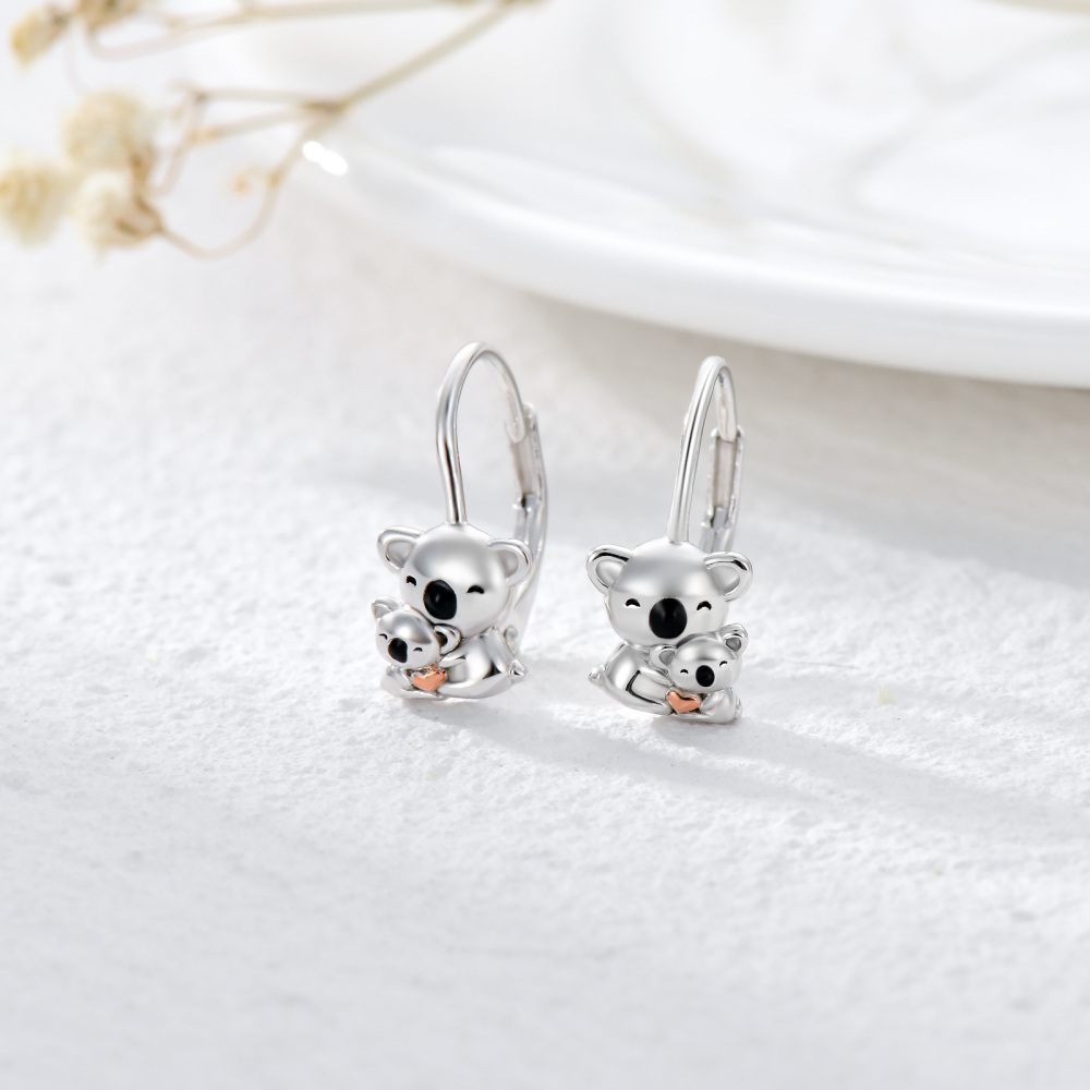 Pendientes de palanca Koala bicolor en plata de ley-5