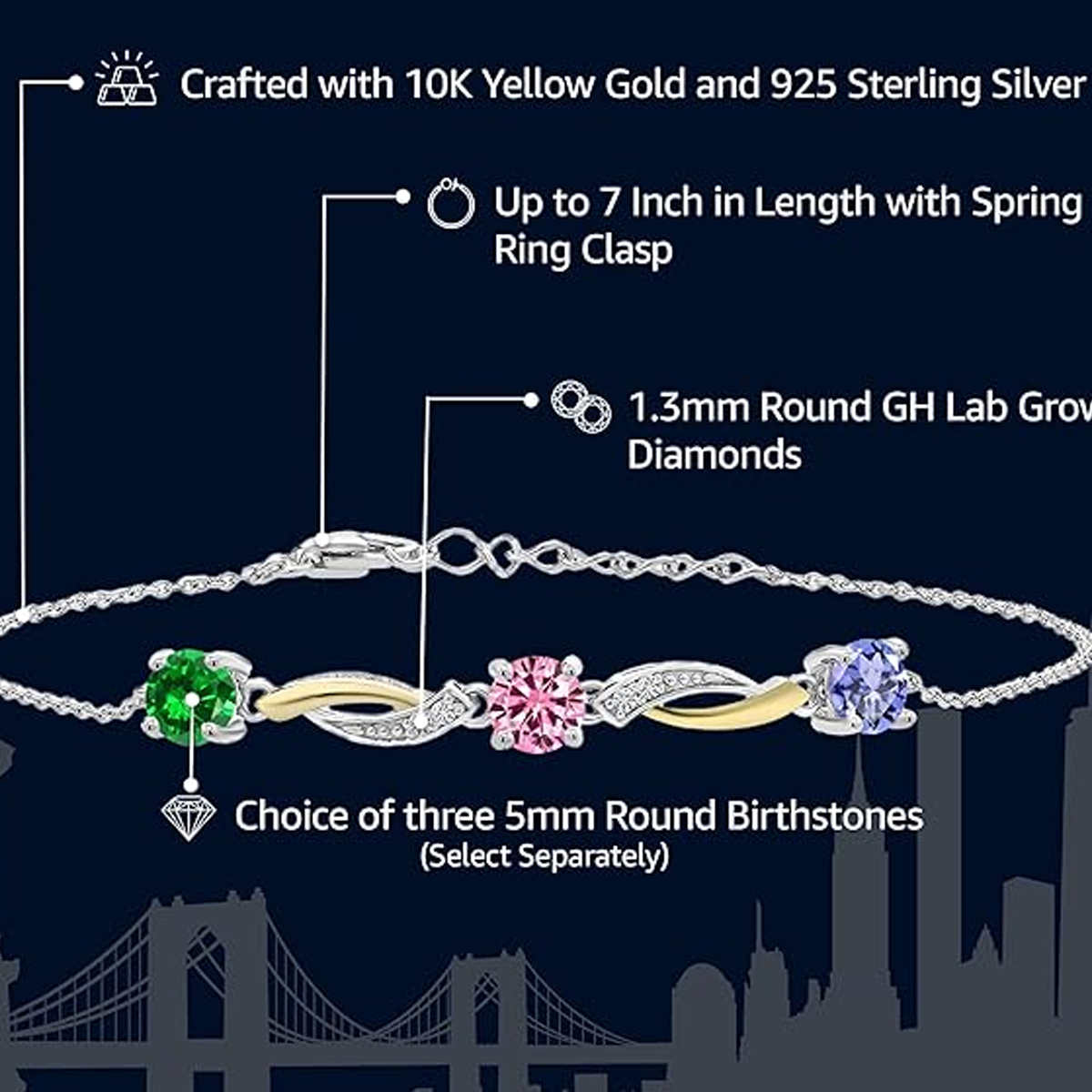 Pulsera con dije de abuela, madre y hermanas en plata de ley bicolor con diamante creado en laboratorio y piedra de nacimiento personalizada.-3