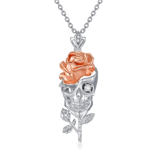 Sterling Silver Two-tone Lab Created Diamond Skull Pendant Necklace-11