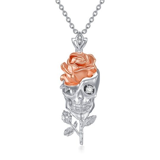 Sterling Silver Two-tone Lab Created Diamond Skull Pendant Necklace