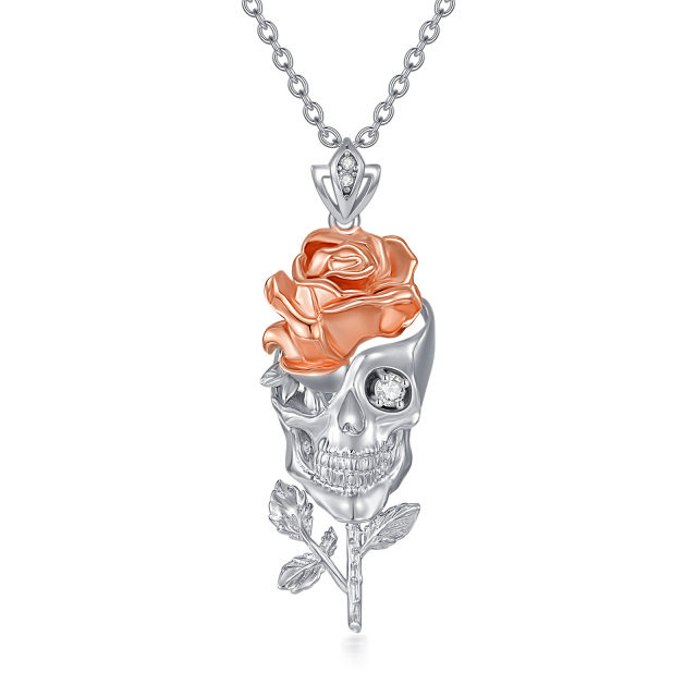 Sterling Silver Two-tone Lab Created Diamond Skull Pendant Necklace-1