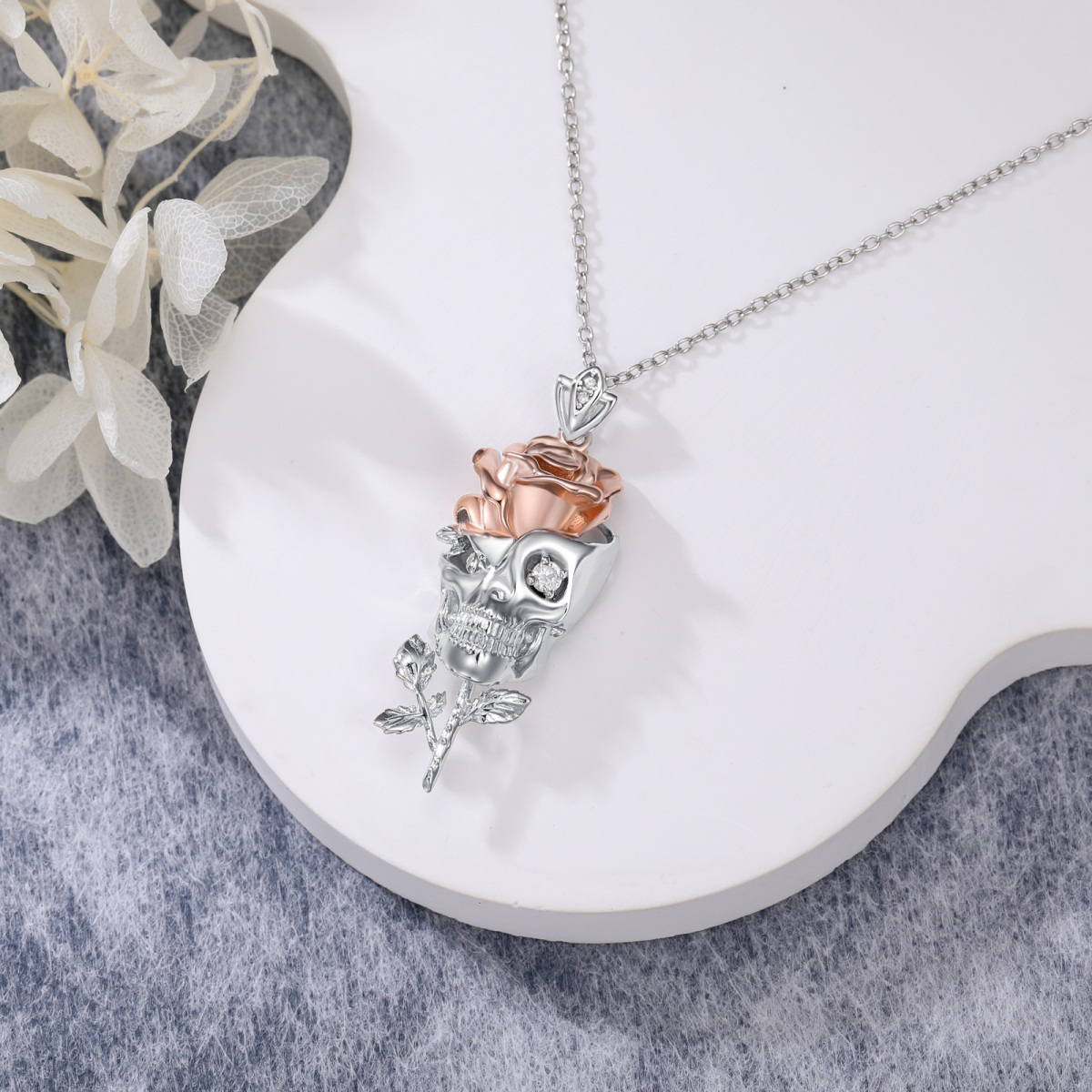 Sterling Silver Two-tone Lab Created Diamond Skull Pendant Necklace-4