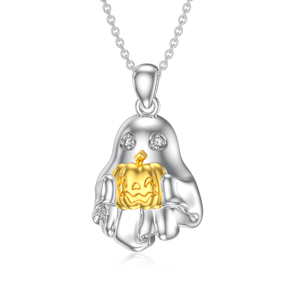 Sterling Silver Two-tone Laboratory Diamonds Pumpkin & Ghost Pendant Delicate Jewelry Halloween Gifts Necklace-1