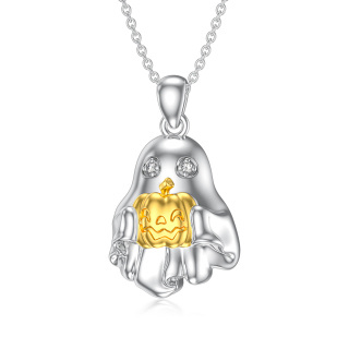 Sterling Silver Two-tone Laboratory Diamonds Pumpkin & Ghost Pendant Delicate Jewelry Halloween Gifts Necklace-14