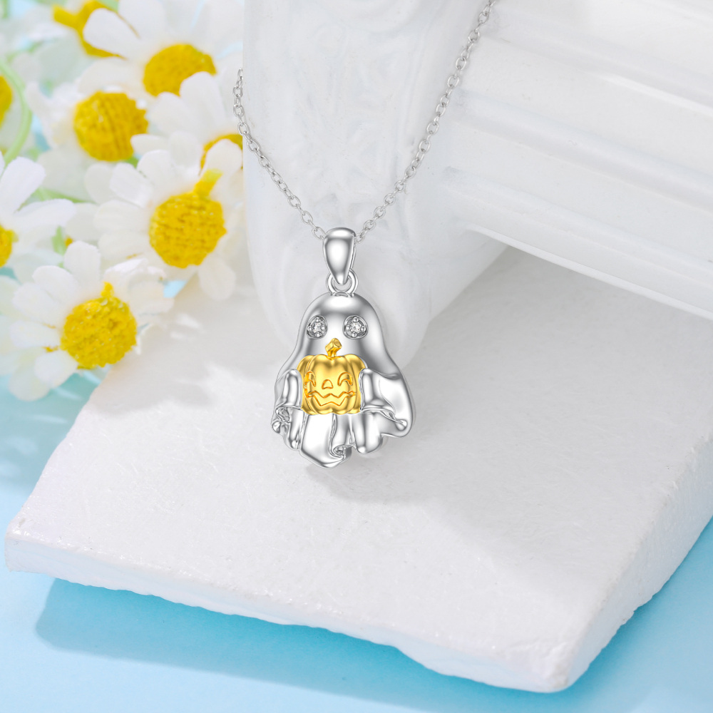 Sterling Silver Two-tone Laboratory Diamonds Pumpkin & Ghost Pendant Delicate Jewelry Halloween Gifts Necklace-3