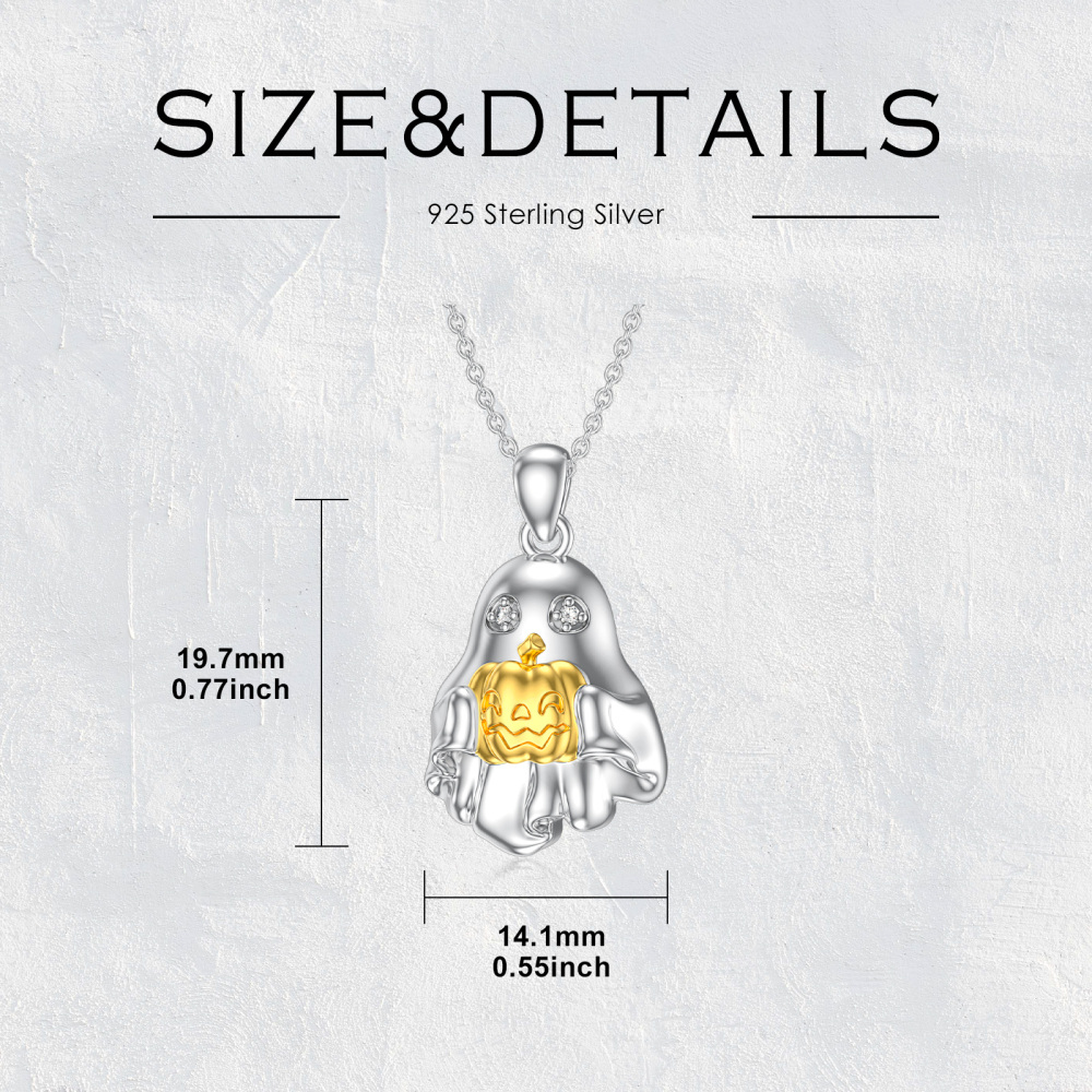 Sterling Silver Two-tone Laboratory Diamonds Pumpkin & Ghost Pendant Delicate Jewelry Halloween Gifts Necklace-6
