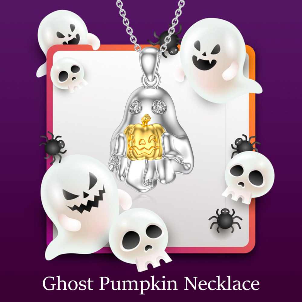 Sterling Silver Two-tone Laboratory Diamonds Pumpkin & Ghost Pendant Delicate Jewelry Halloween Gifts Necklace-5