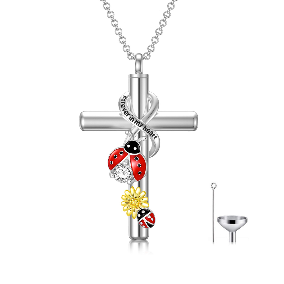 Sterling Silver Two-tone Cubic Zirconia Ladybug & Cross & Infinity Symbol Urn Necklace for Ashes with Engraved Word-1