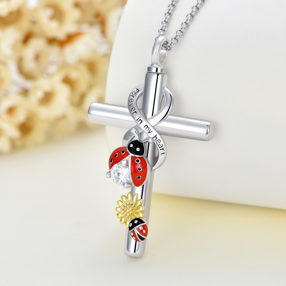 Sterling Silver Two-tone Cubic Zirconia Ladybug & Cross & Infinity Symbol Urn Necklace for Ashes with Engraved Word-3