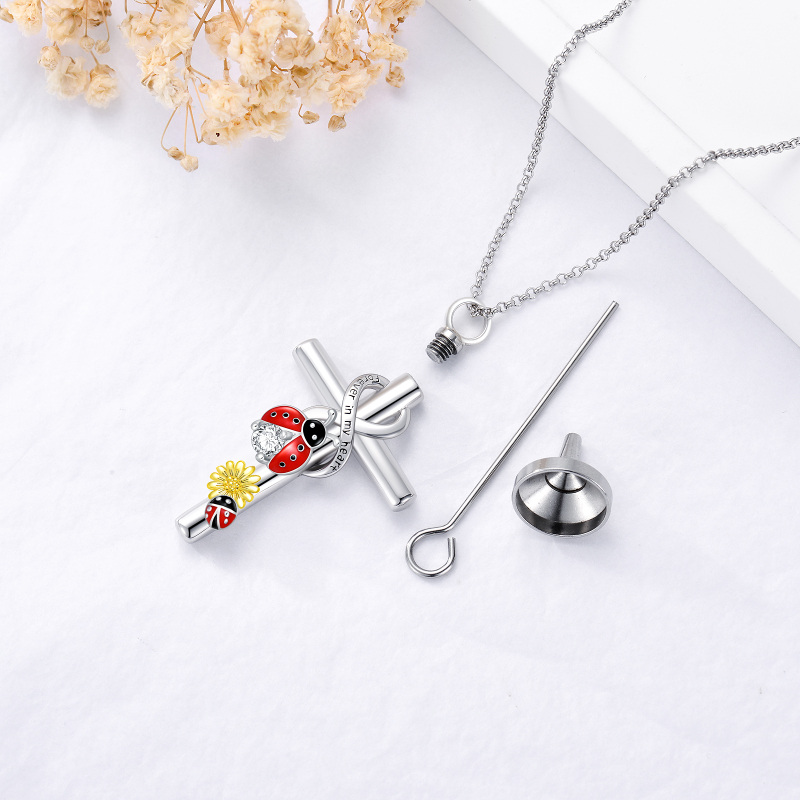 Sterling Silver Two-Tone Cubic Zirconia Ladybug With Cross With Infinity Symbol With Sunflower Urn Necklace For Ashes With Engraved Word For Women-4