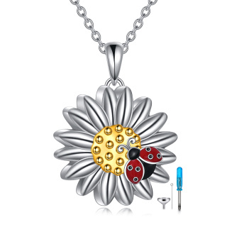 Sterling Silver Two-tone Ladybug & Daisy Urn Necklace for Ashes with Engraved Word-20