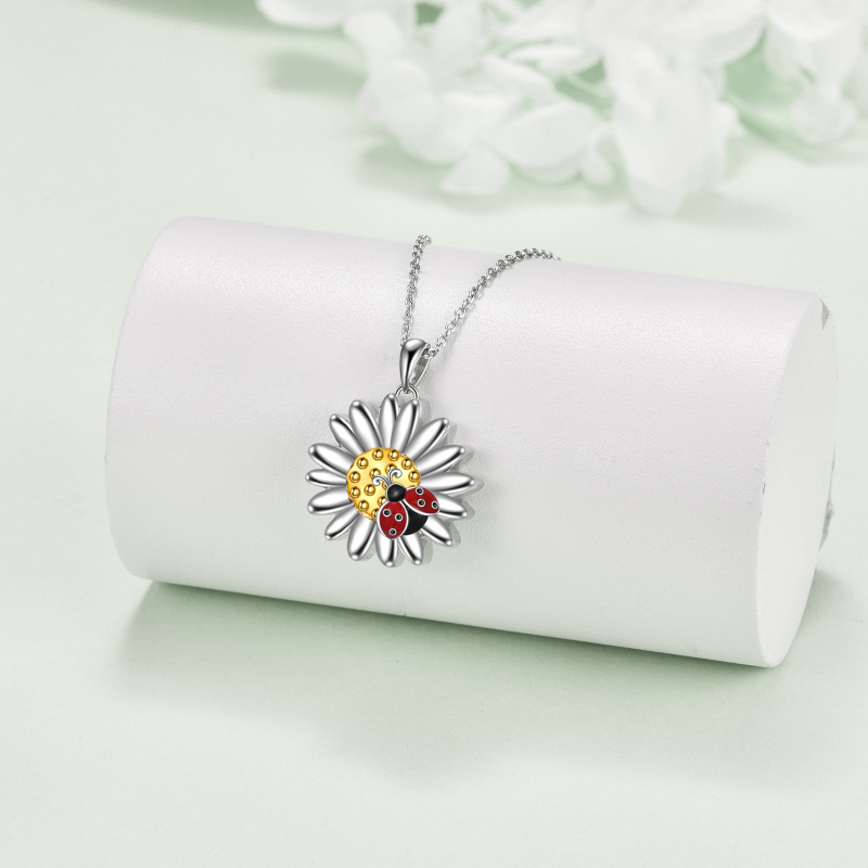 Sterling Silver Two-tone Ladybug & Daisy Urn Necklace for Ashes with Engraved Word-3