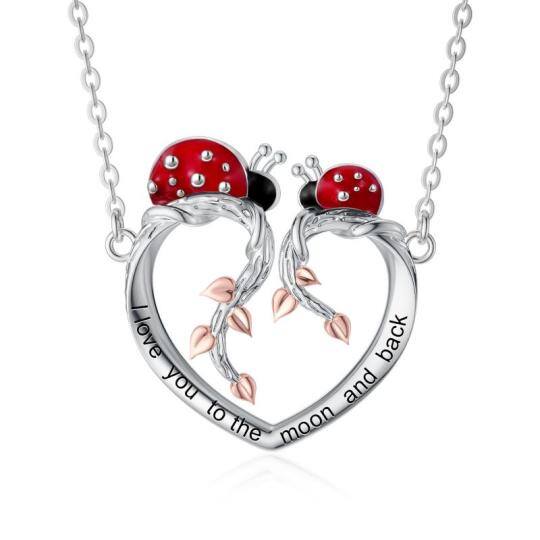 Sterling Silver Two-tone Ladybug & Leaves Pendant Necklace with Engraved Word