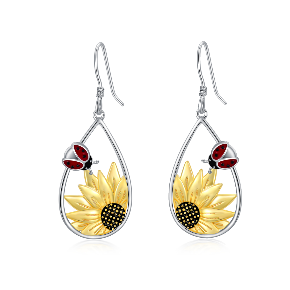 Sterling Silver Two-tone Ladybug & Sunflower Drop Earrings-1