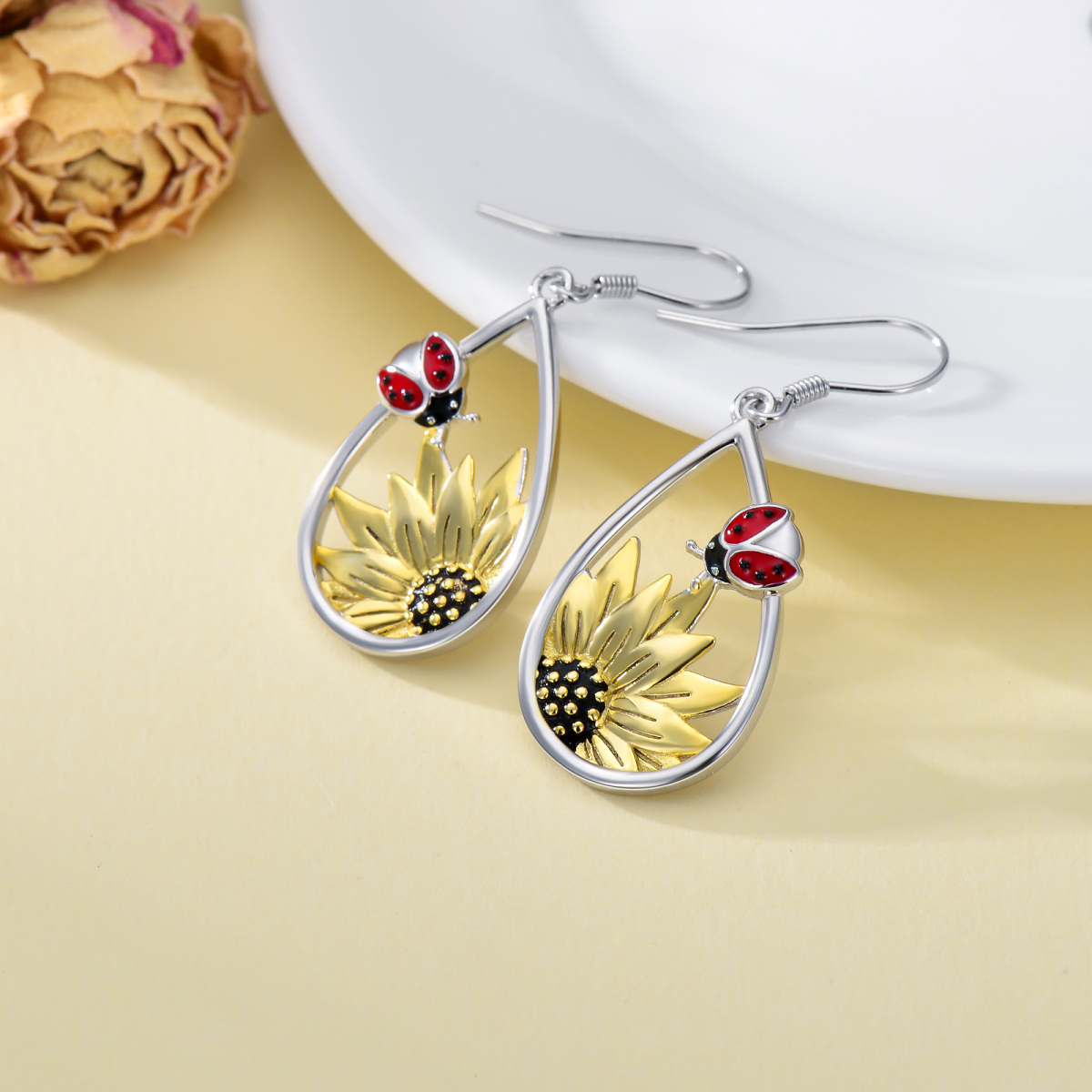 Sterling Silver Two-tone Ladybug & Sunflower Drop Earrings-2