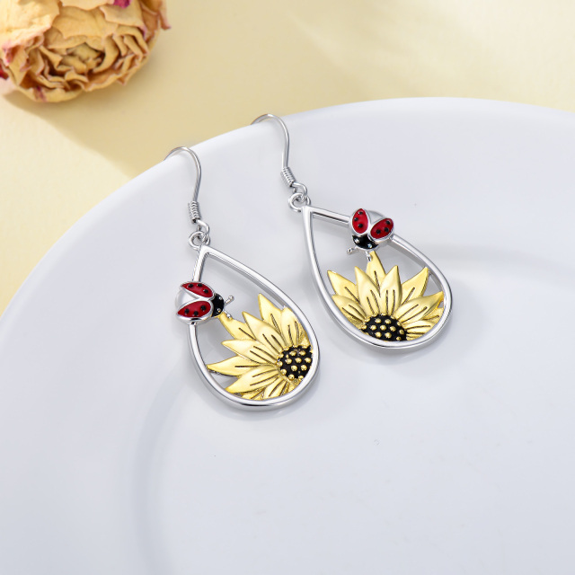 Orecchini a goccia in argento sterling bicolore con coccinella e girasole-3