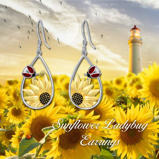 Sterling Silver Two-tone Ladybug & Sunflower Drop Earrings-4