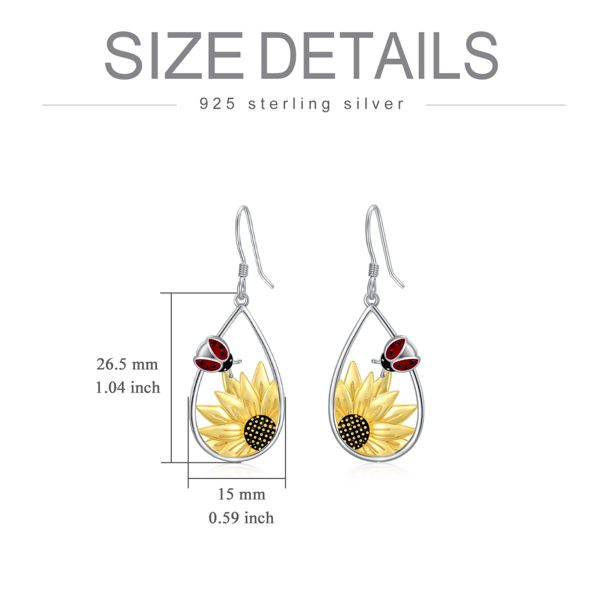 Sterling Silver Two-tone Ladybug & Sunflower Drop Earrings-6