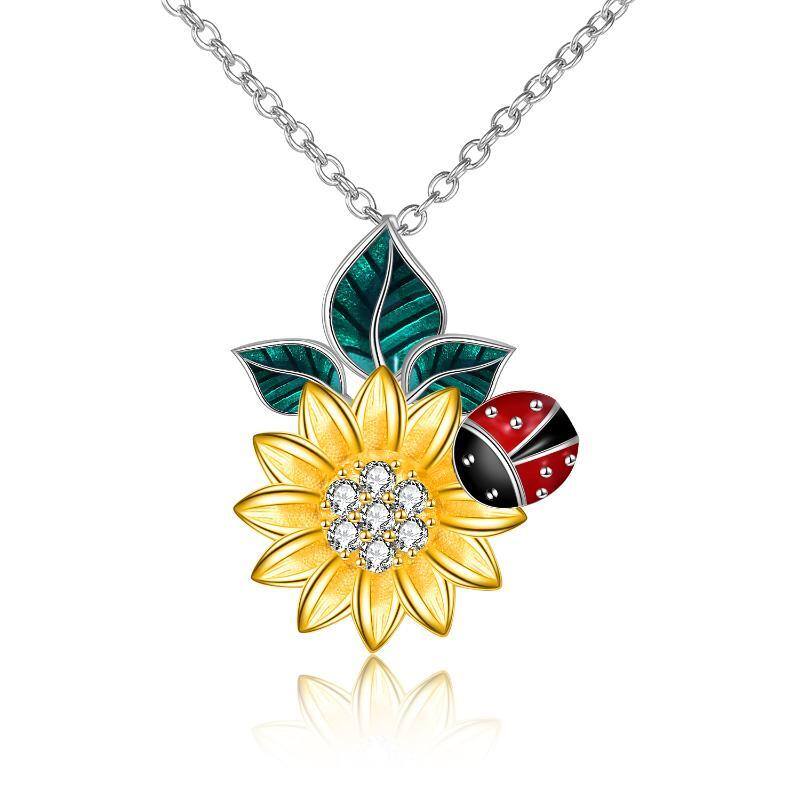 Sterling Silver Two-tone Cubic Zirconia Ladybug & Sunflower Pendant Necklace-9