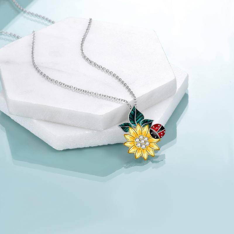 Sterling Silver Two-tone Cubic Zirconia Ladybug & Sunflower Pendant Necklace-3