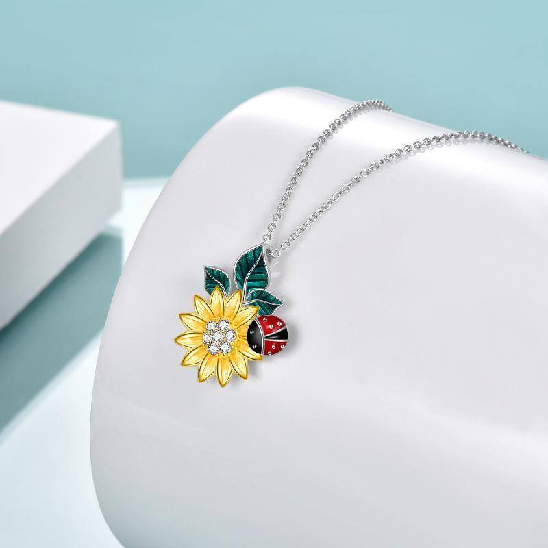 Sterling Silver Two-tone Cubic Zirconia Ladybug & Sunflower Pendant Necklace-4