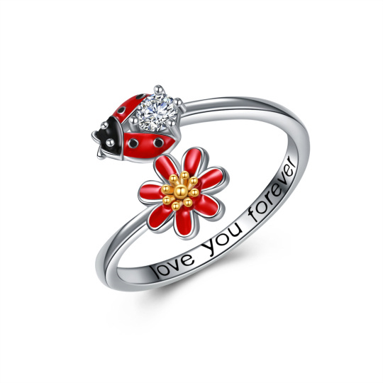 Bague ouverte en argent sterling avec zircone cubique bicolore et coccinelles et fleurs sauvages avec mot gravé