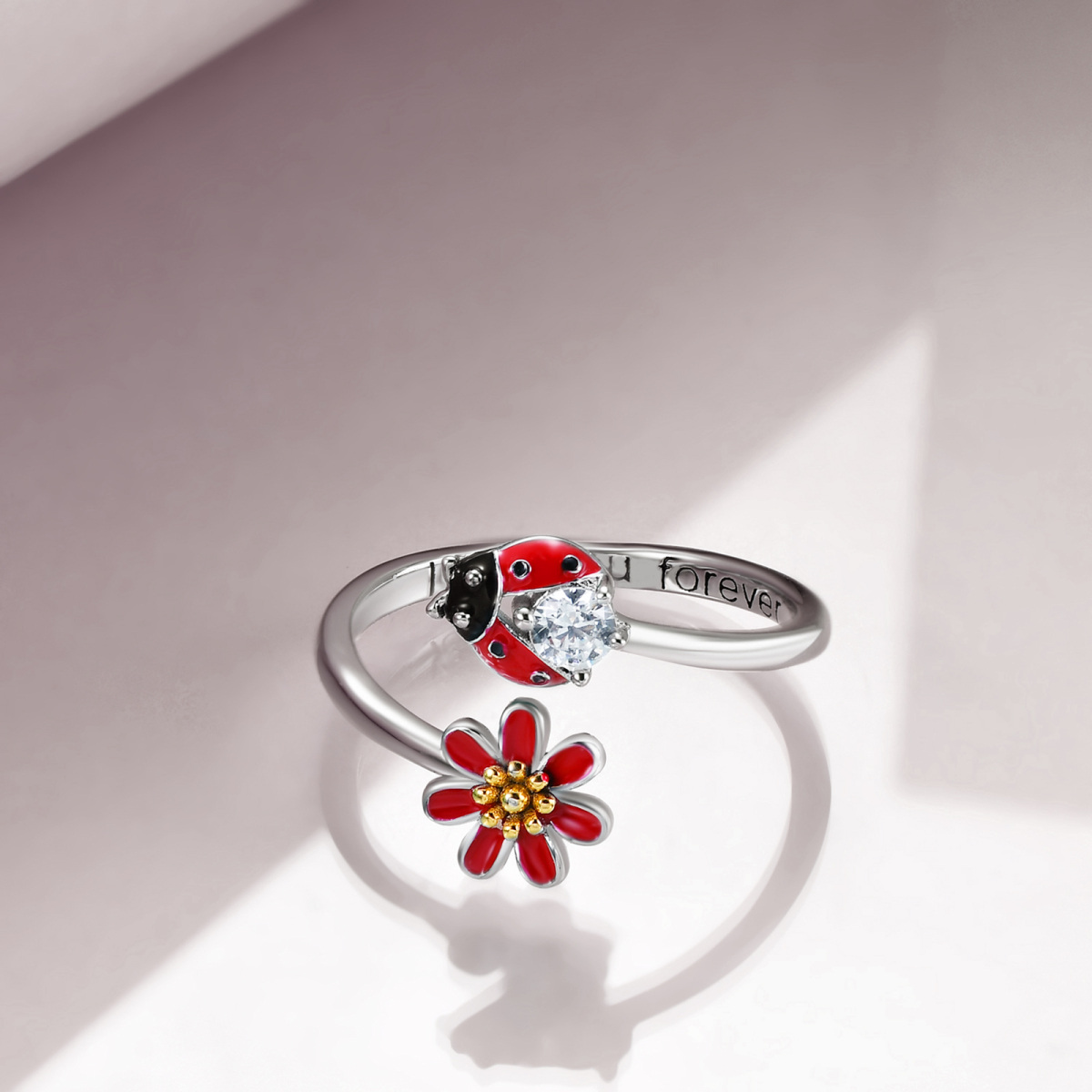 Sterling Silver Two-tone Cubic Zirconia Ladybug & Wildflowers Open Ring with Engraved Word-3