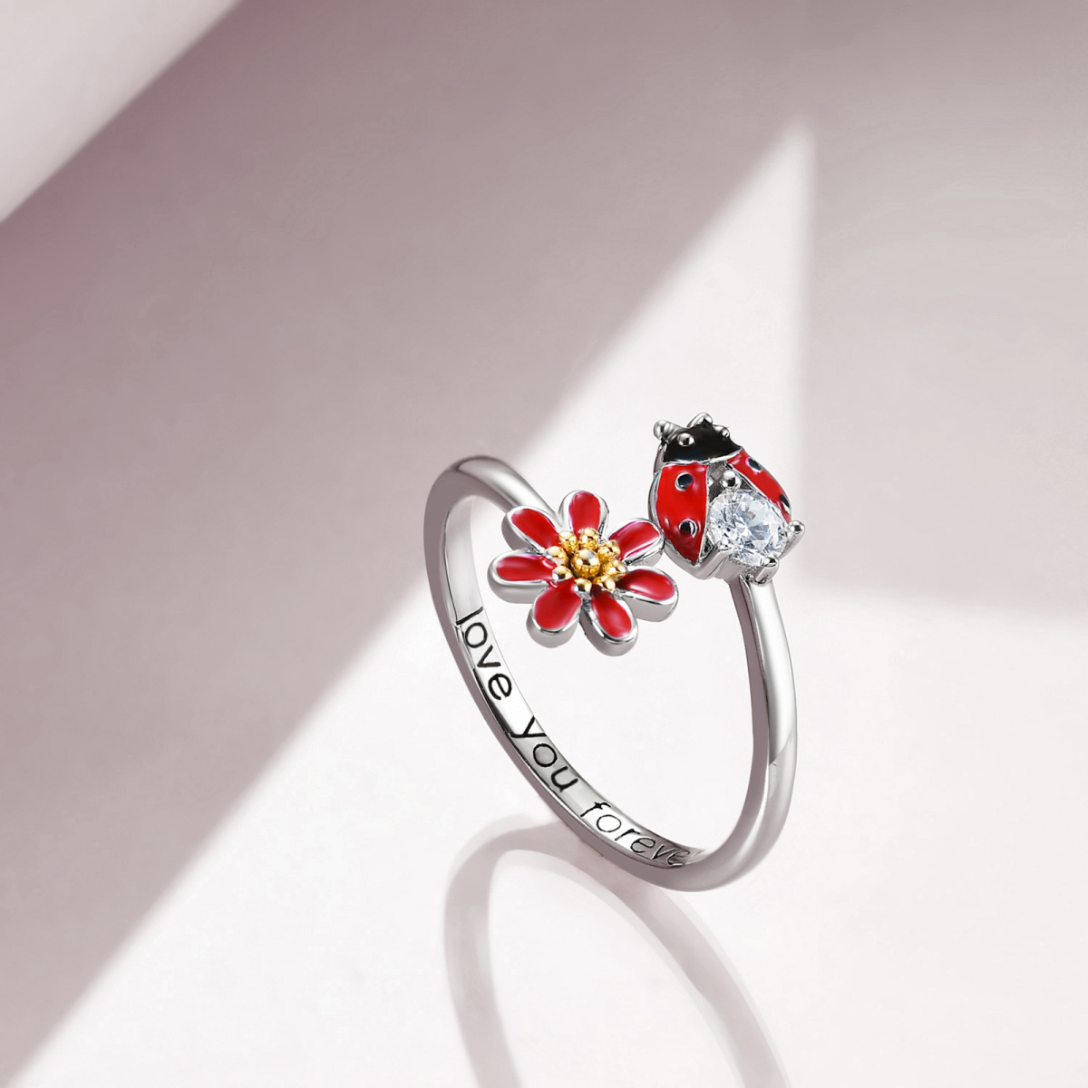 Sterling Silver Two-tone Cubic Zirconia Ladybug & Wildflowers Open Ring with Engraved Word-4