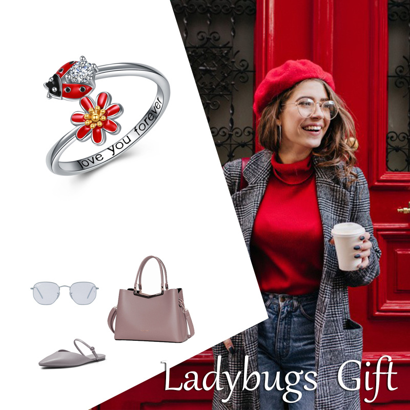 Anello aperto in argento sterling bicolore con zirconi cubici e fiori di campo, coccinella e parola incisa-6