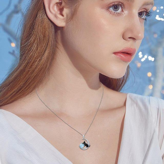 Collana con ciondolo gatto nero e luna in pietra Lalimar bicolore in argento sterling-2