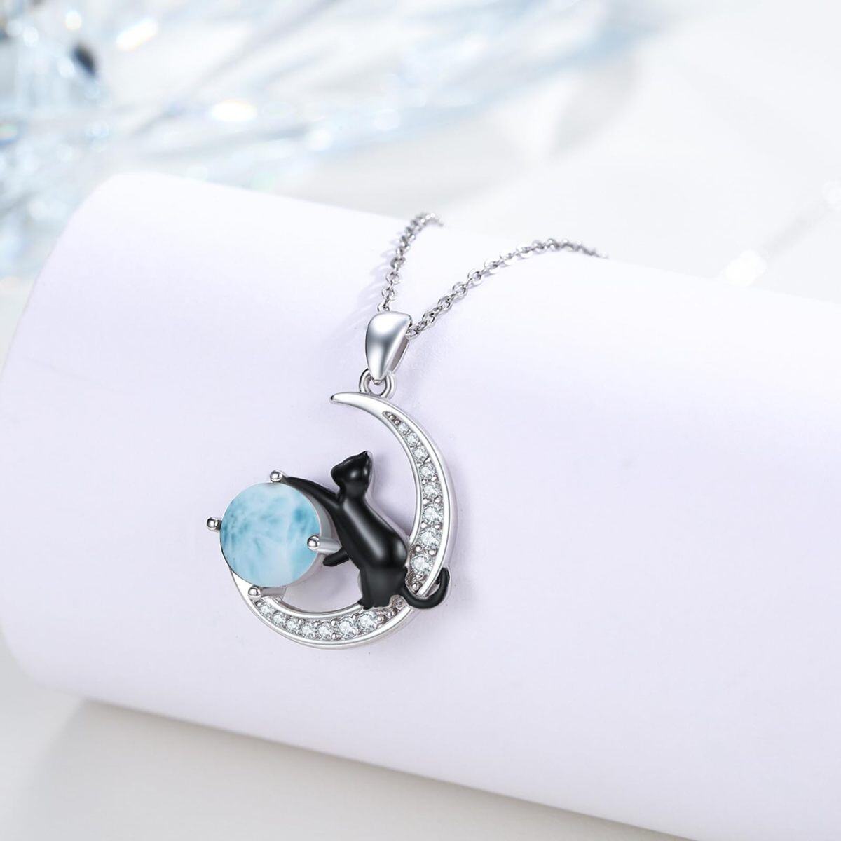 Sterling Silver Two-tone Lalimar Stone Black Cat and Moon Pendant Necklace-4