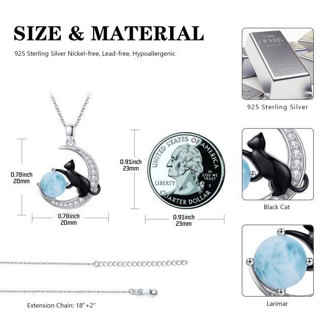 Sterling Silver Two-tone Lalimar Stone Black Cat and Moon Pendant Necklace-5