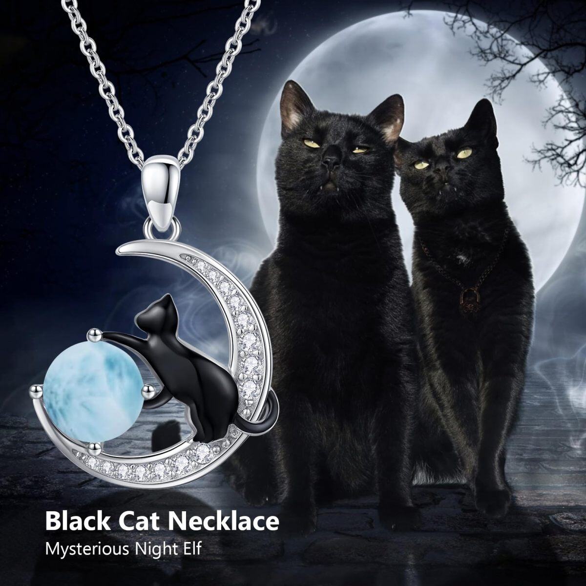 Collier avec pendentif chat noir et lune en argent sterling bicolore en pierre de Lalimar-6