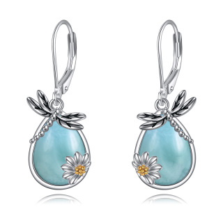 Sterling Silver Two-tone Lalimar Stone Dragonfly & Sunflower Lever-back Earrings-2