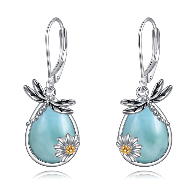 Sterling Silver Two-tone Lalimar Stone Dragonfly & Sunflower Lever-back Earrings